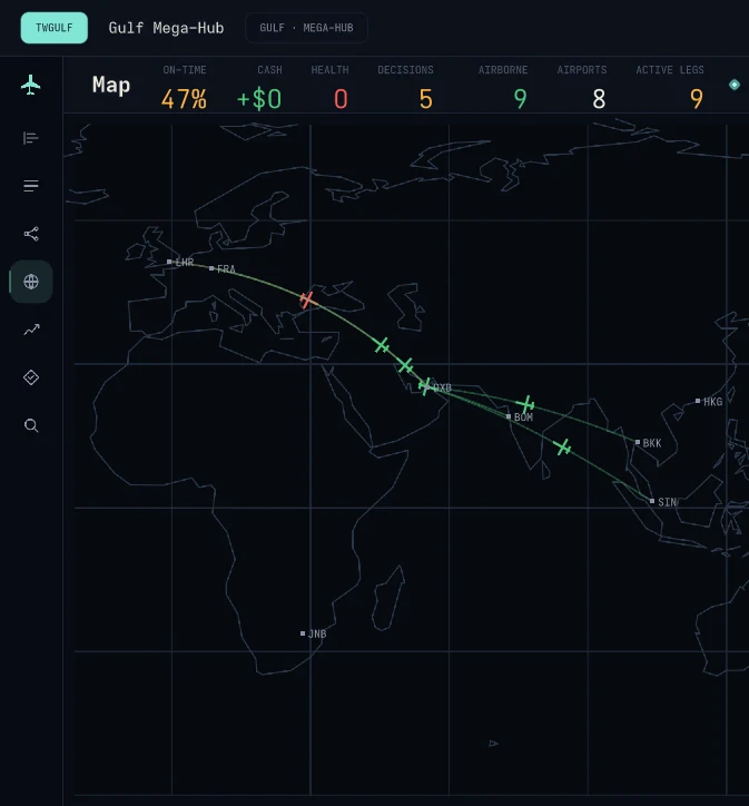Network map — live aircraft positions across the route network, colored by on-time, minor, and major delay.